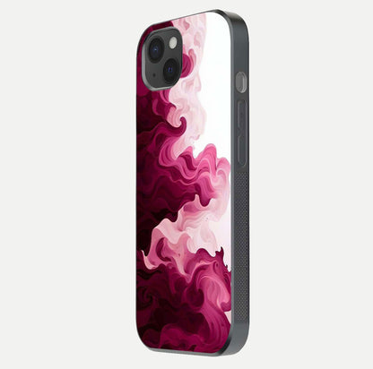 Crimson Wave Flow Glass Case for iPhone 15 Plus side-angle photo showing reflection glow and HD finish