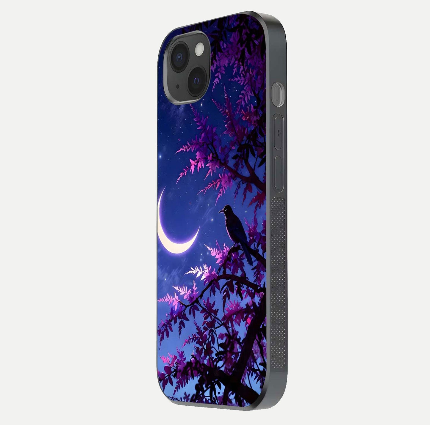 Crow & Moon Scenery Glass Case for iPhone 15 Plus side-angle photo capturing glossy shine and artistic contrast