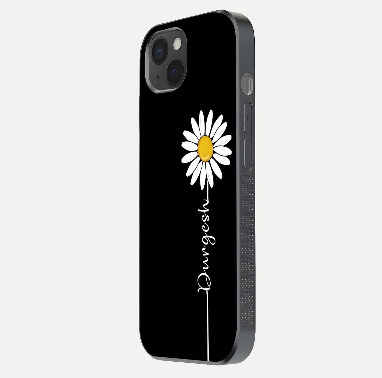 Custom Name White Flower Glass Case for iPhone 15 Plus side-angle photo showing reflection shine and name clarity