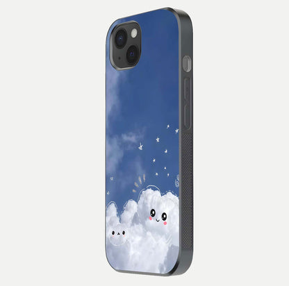 Cute Blossom Cloud Glass Case for iPhone 15 Plus side-angle image capturing gloss texture and curve reflection