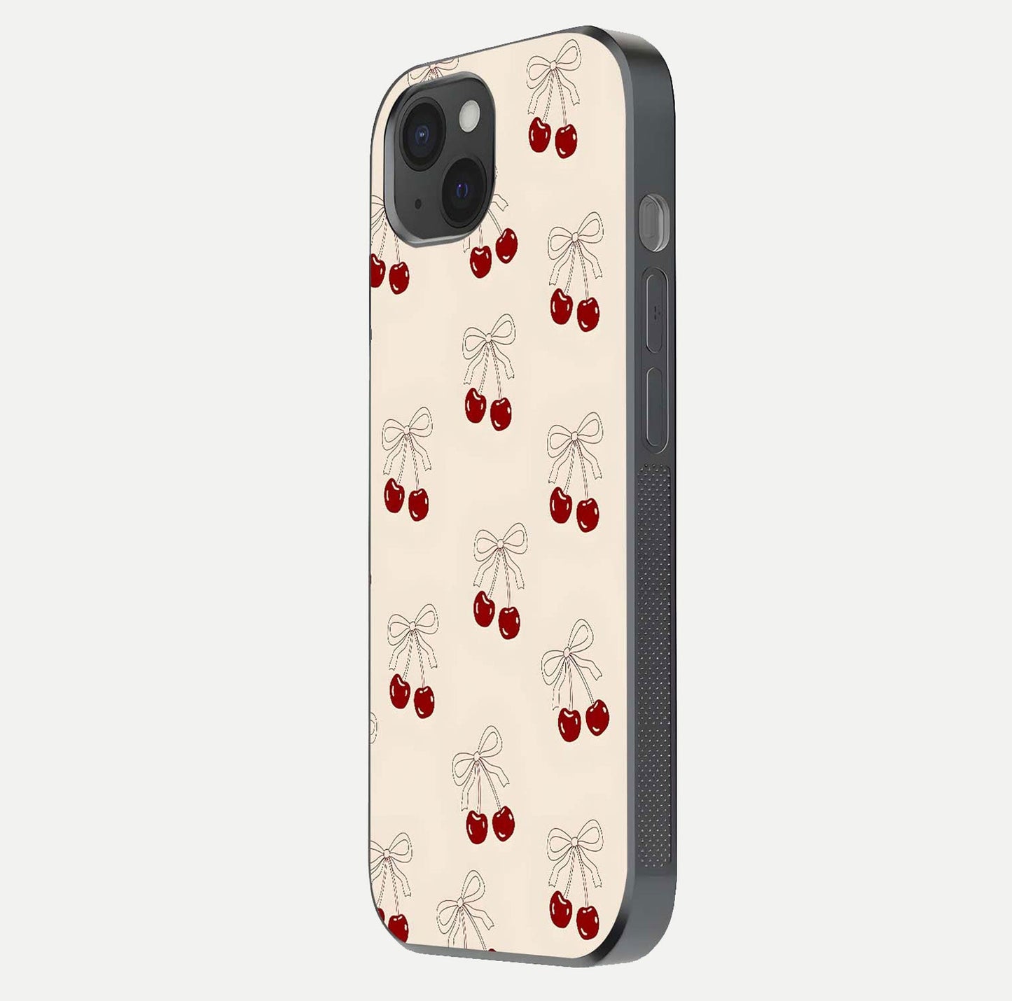 Cute Cherry Pattern Glass Case for iPhone 15 Plus side-angle photo highlighting gloss curve and pattern clarity
