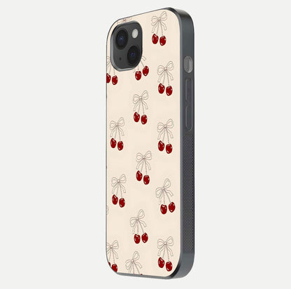 Cute Cherry Pattern Glass Case for iPhone 15 Plus side-angle photo highlighting gloss curve and pattern clarity