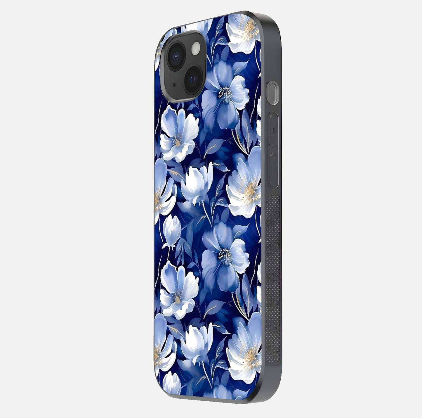 Cute Floral Patterns Glass Case for iPhone 15 Plus side-angle image showing polished surface and gloss tone