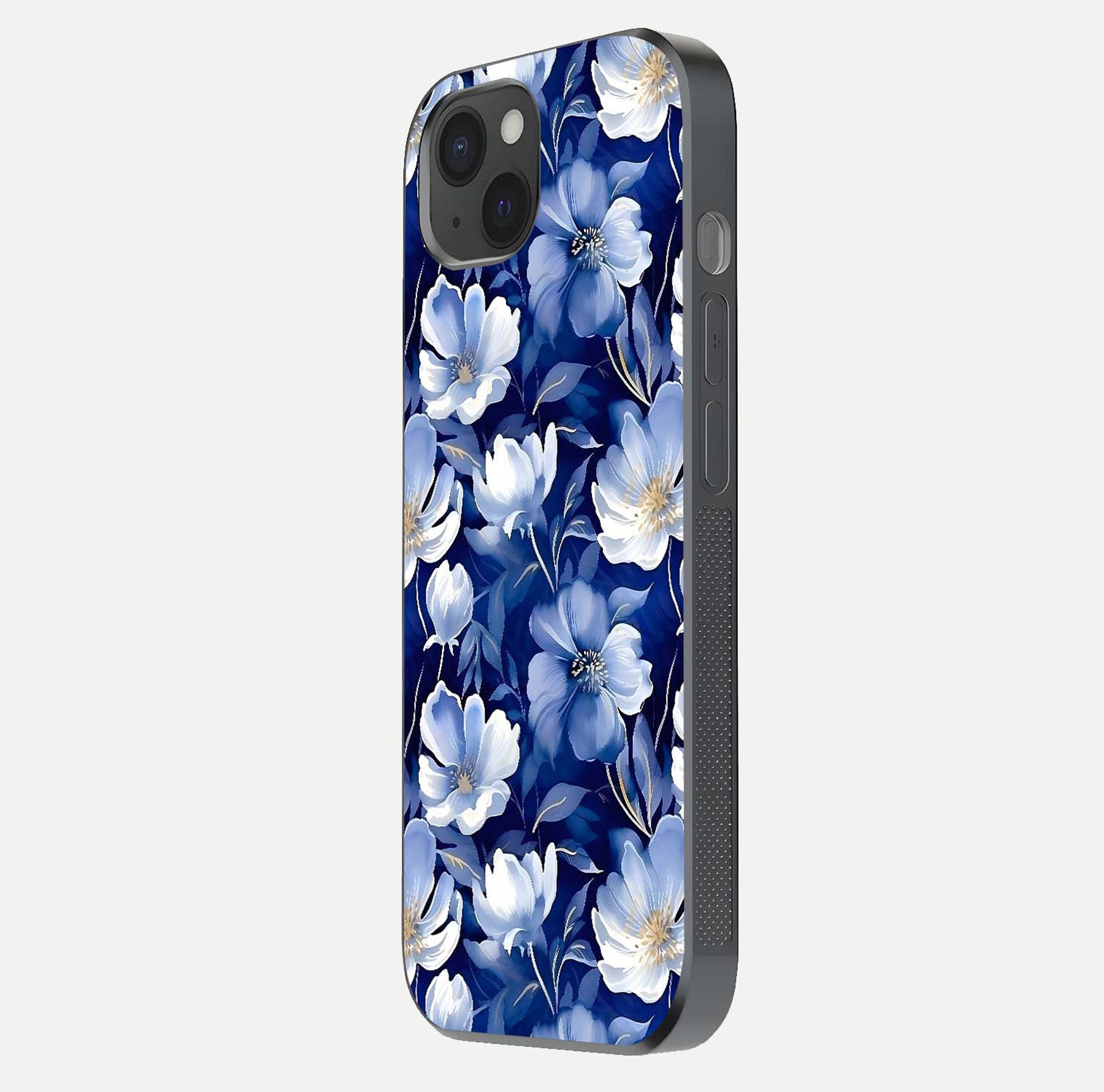 Cute Floral Patterns Glass Case for iPhone 15 Plus side-angle image showing polished surface and gloss tone