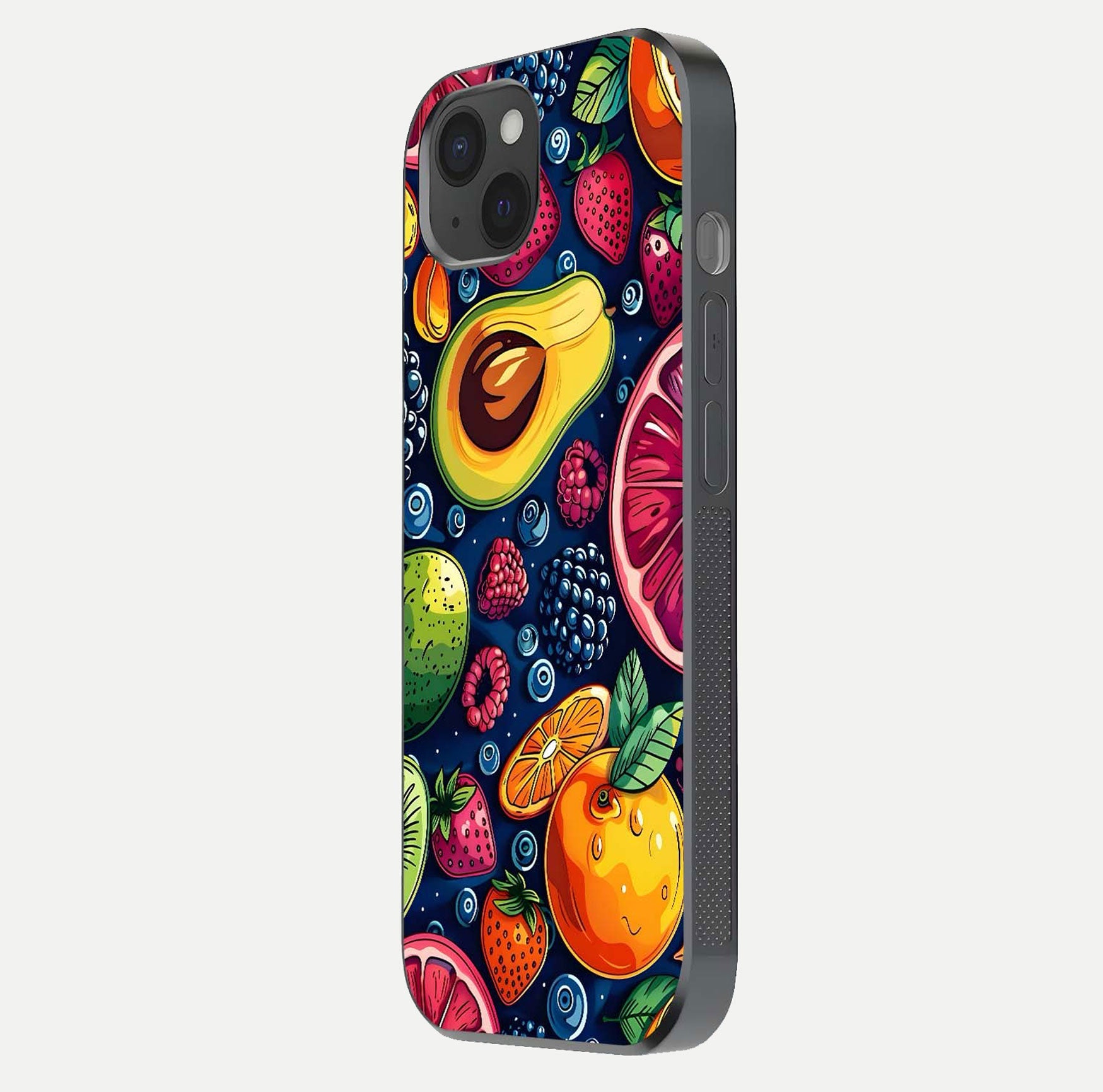 Cute Fruits Art Glass Case for iPhone 15 Plus side-angle photo showing reflective finish and smooth edges
