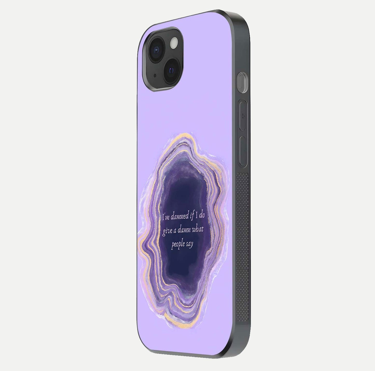 Damned People Quote Glass Case for iPhone 15 Plus side-angle image showing light shine and smooth edges