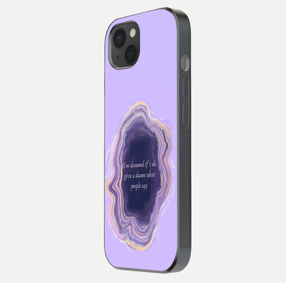 Damned People Quote Glass Case for iPhone 15 Plus side-angle image showing light shine and smooth edges