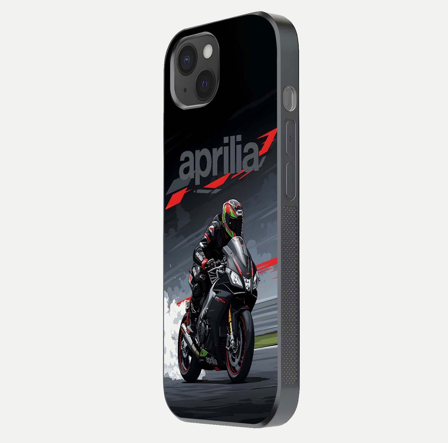 Dark Aprilla Glass Case for iPhone 15 Plus side-angle photo showing reflection gloss and curved edge finish