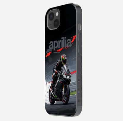 Dark Aprilla Glass Case for iPhone 15 Plus side-angle photo showing reflection gloss and curved edge finish