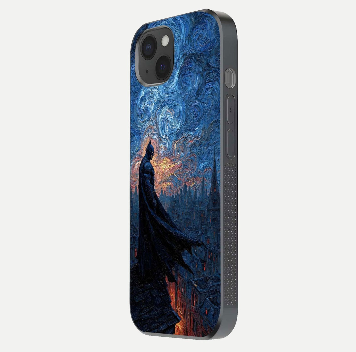 Dark Knight Dusk Glass Case for iPhone 15 Plus side-angle image capturing reflection shine and bold contrast