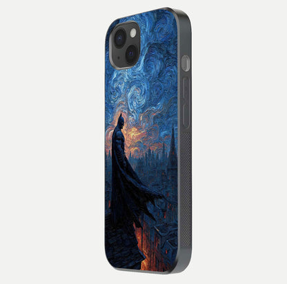 Dark Knight Dusk Glass Case for iPhone 15 Plus side-angle image capturing reflection shine and bold contrast