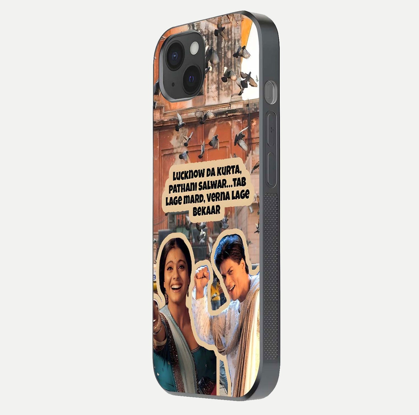 Desi Retro Vibes Glass Case for iPhone 15 Plus side-angle image displaying gloss texture and bold pattern