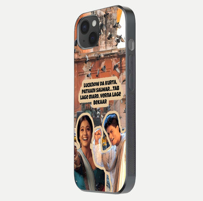 Desi Retro Vibes Glass Case for iPhone 15 Plus side-angle image displaying gloss texture and bold pattern