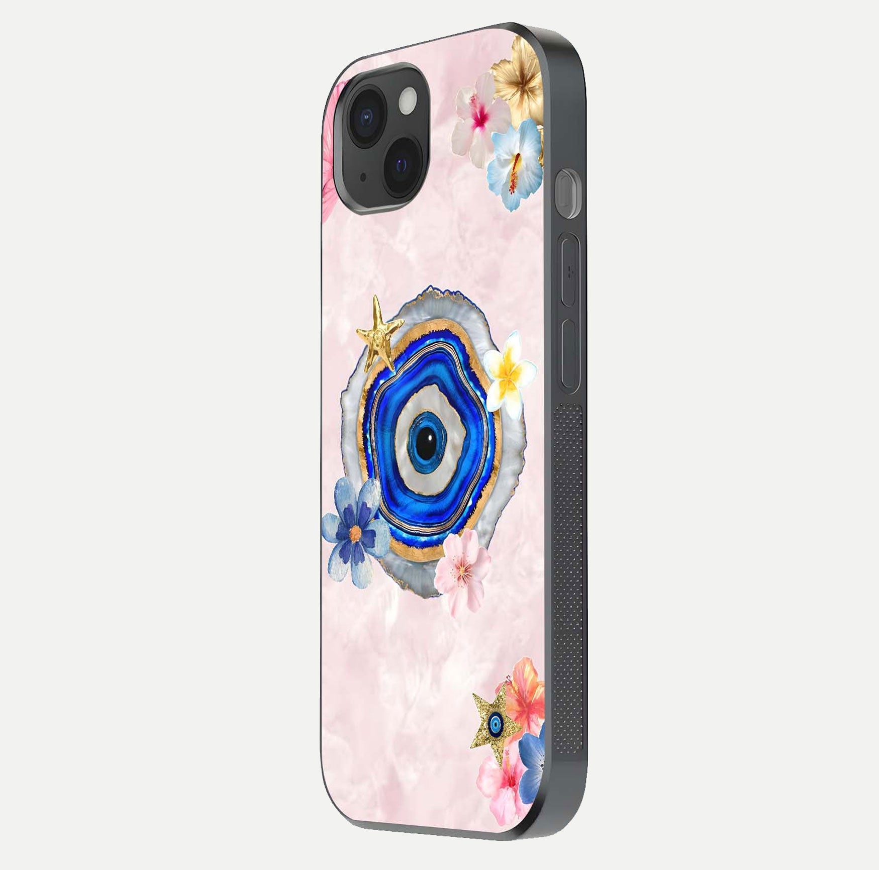 Divine Aura Bloom Glass Case for iPhone 15 Plus side-angle photo capturing reflection glow and premium polish