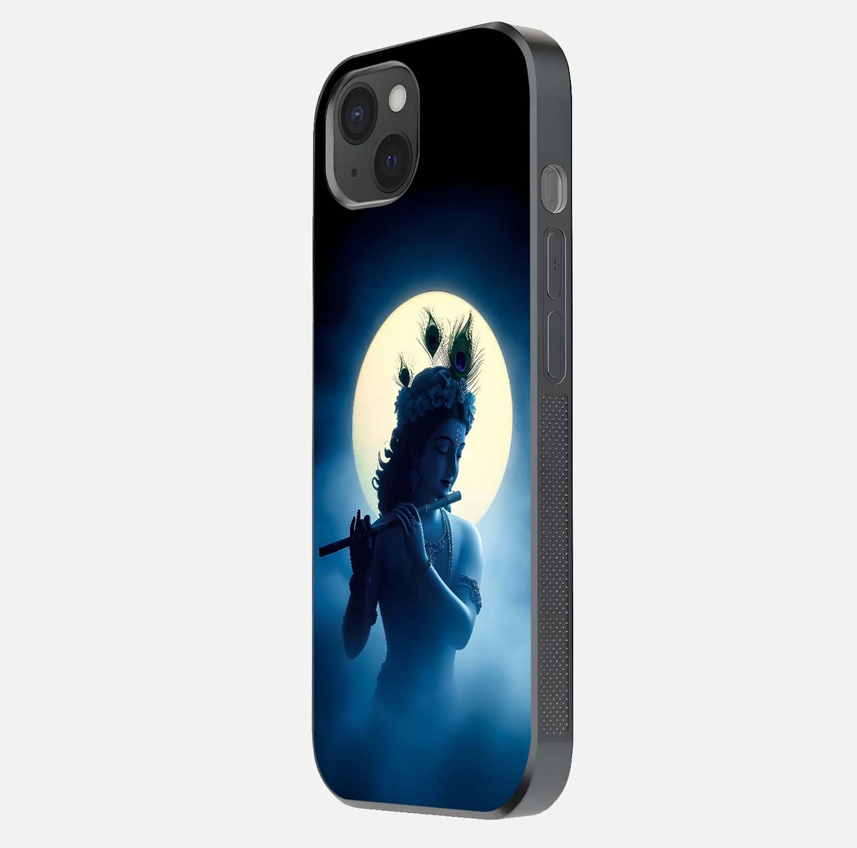 Divine Moon Flute Glass Case for iPhone 15 Plus side-angle image capturing reflection depth and soft color