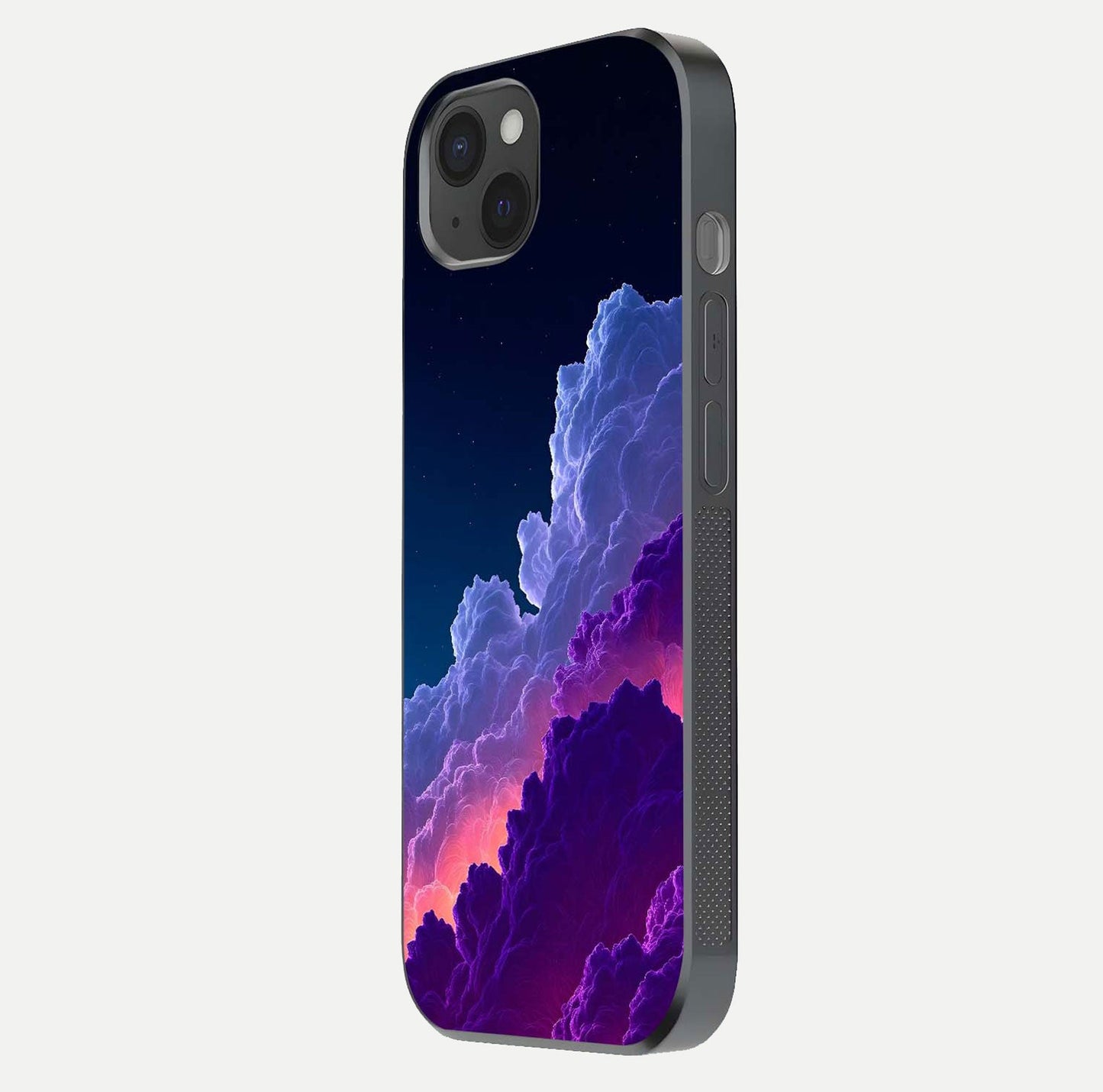 Dreamy Cloud Skies Glass Case for iPhone 15 Plus side-angle image showing reflection clarity and polish