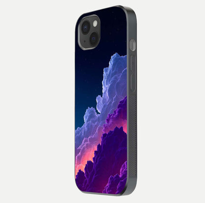 Dreamy Cloud Skies Glass Case for iPhone 15 Plus side-angle image showing reflection clarity and polish