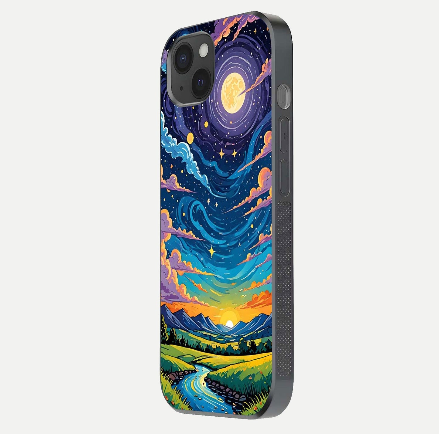 Dreamy Night Landscape Glass Case for iPhone 15 Plus side-angle photo capturing reflection glow and edge detail