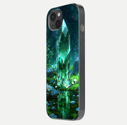 Emerald Light Crystal Glass Case for iPhone 15 Plus side-angle image showing gloss reflection and curved border