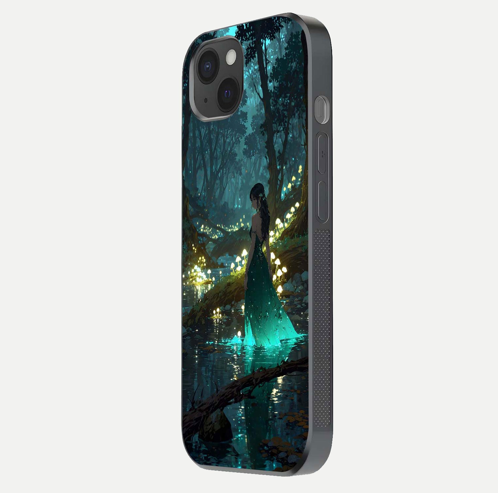 Enchanted Forest Glow Glass Case for iPhone 15 Plus side-angle image capturing shine reflection and rich detail