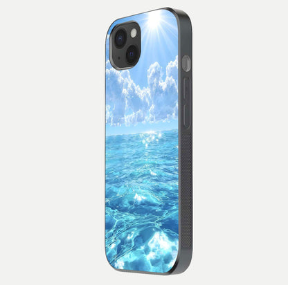 Endless Ocean Horizon Glass Case for iPhone 15 Plus side-angle photo showing reflection glow and wave tone