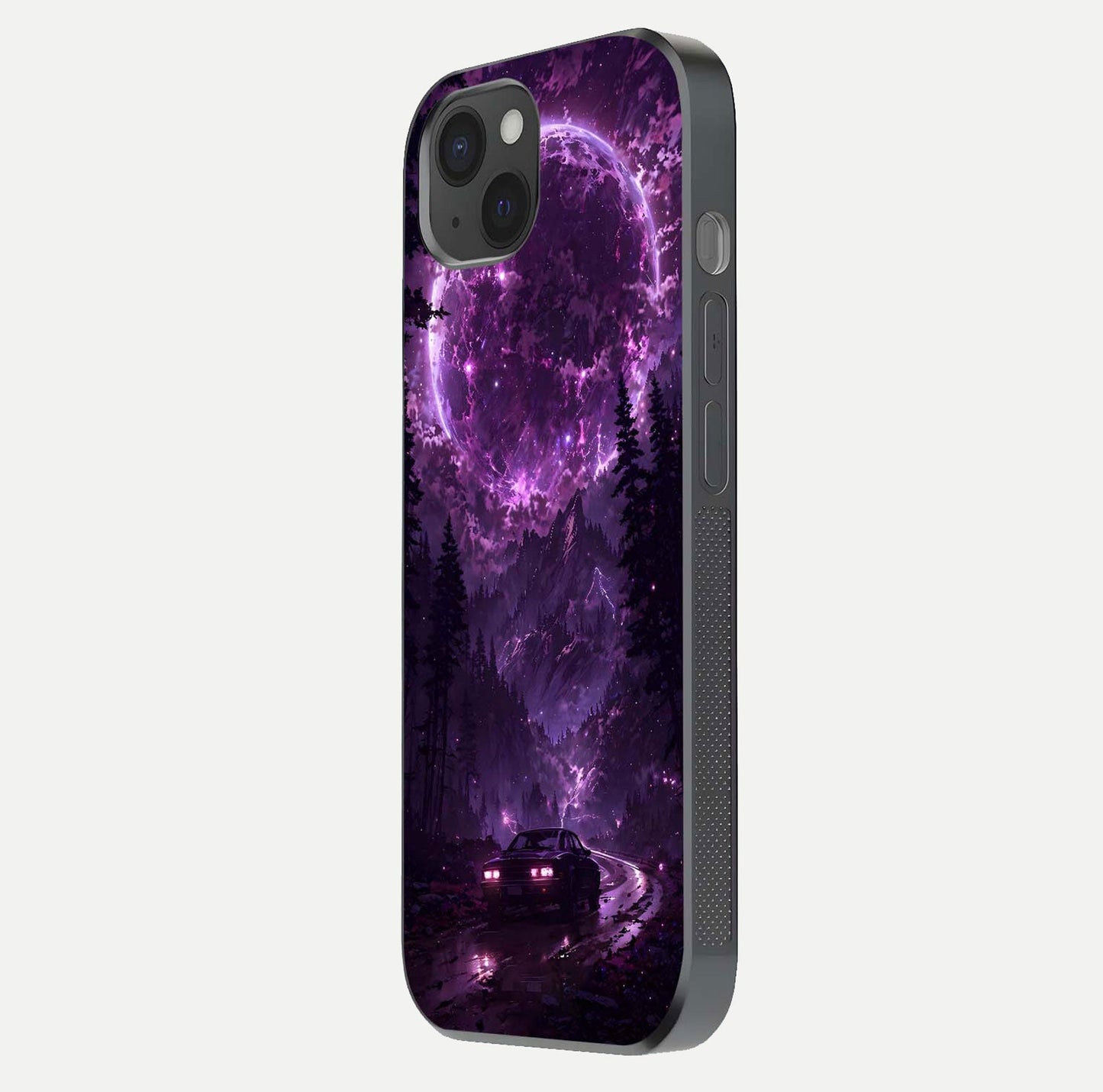 Eternal Cosmic Drive Glass Case for iPhone 15 Plus side-angle image showing reflection texture and color contrast