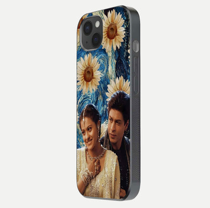 Eternal Love Story Glass Case for iPhone 15 Plus side-angle photo showing curved edges and polished surface
