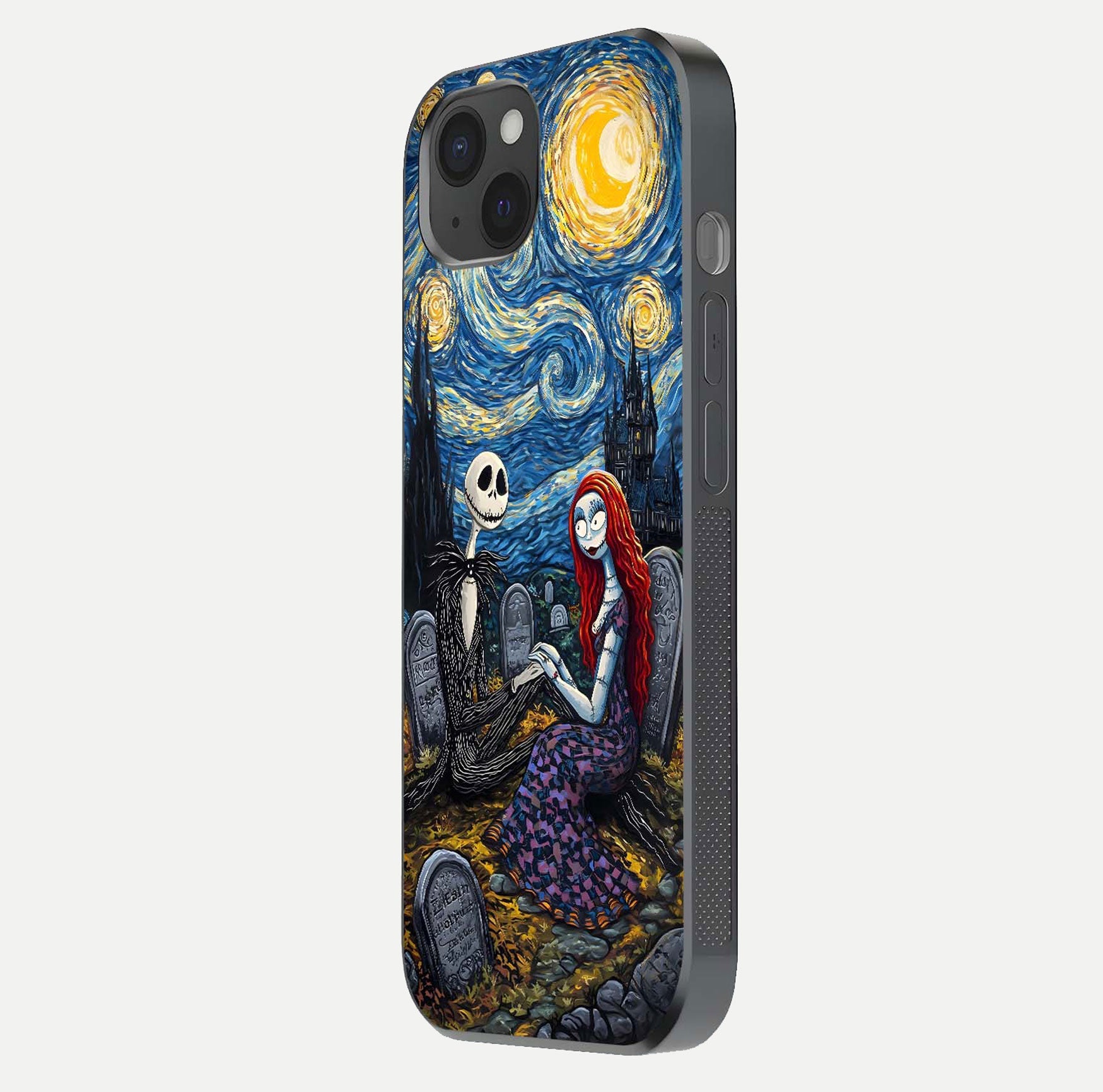 Eternal Night Love Glass Case for iPhone 15 Plus side-angle photo showing edge shine and soft reflection