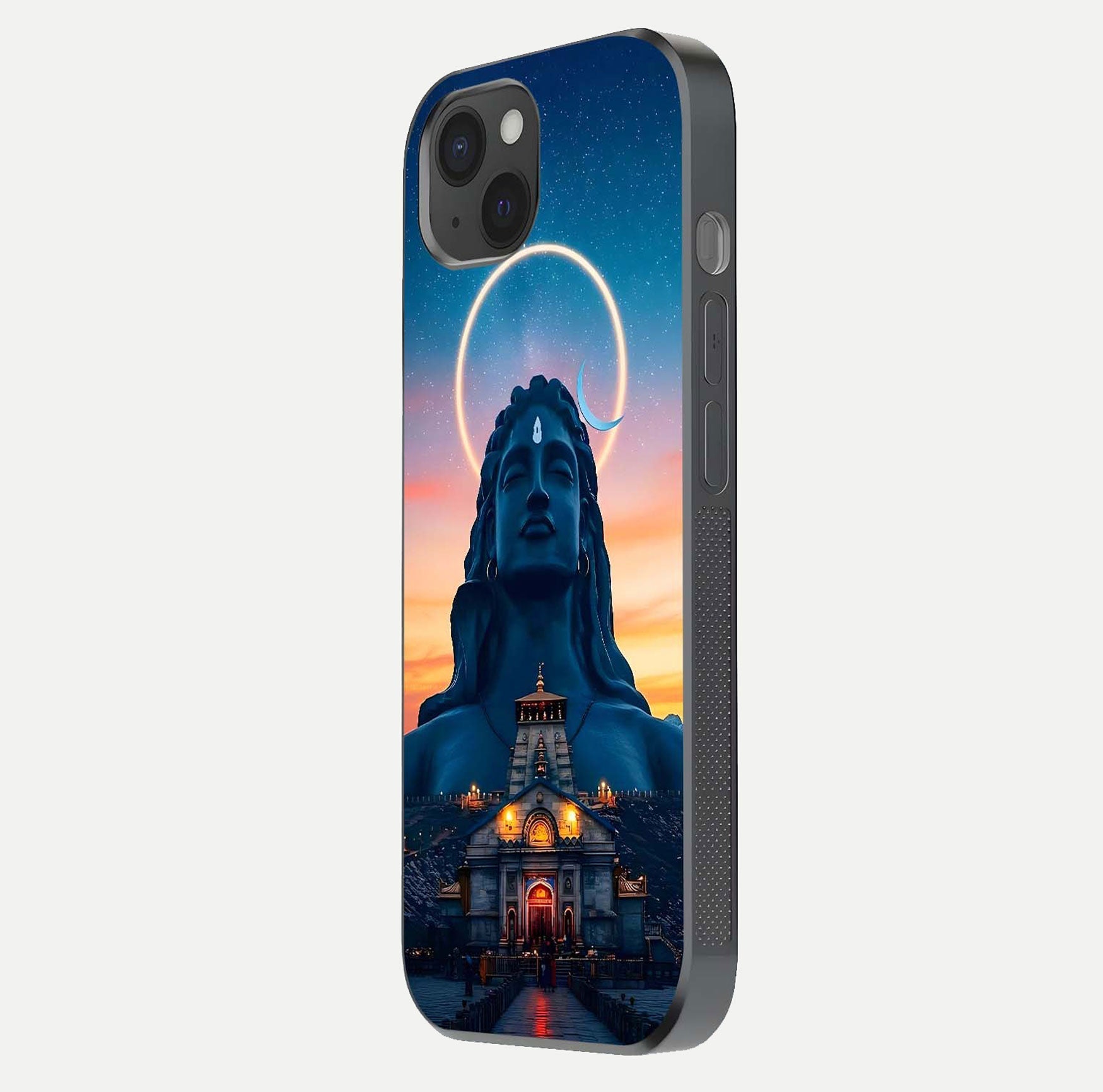 Eternal Shiva Aura Glass Case for iPhone 15 Plus side-angle image showing reflection clarity and rich tone