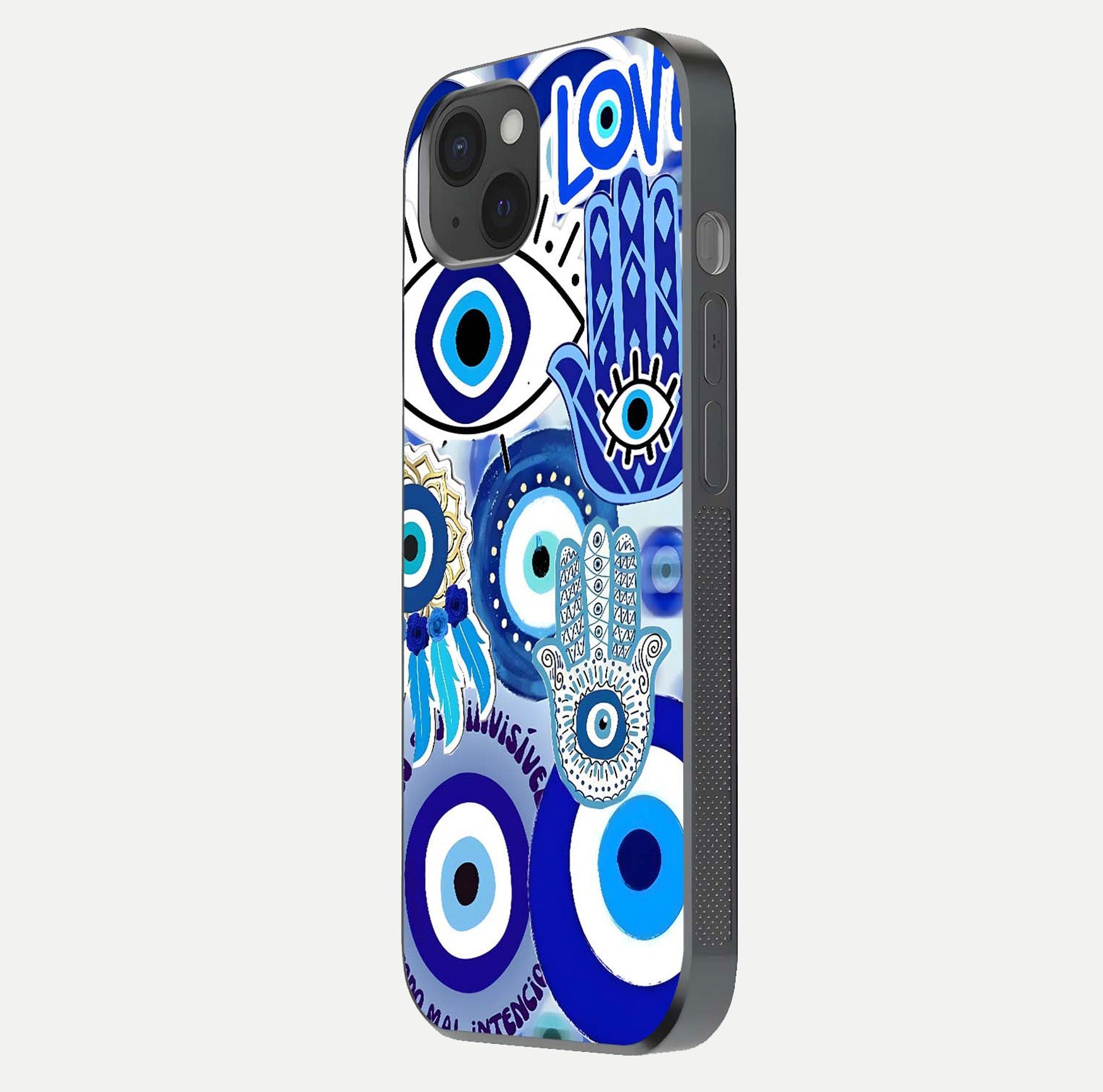 Evil Eyes Dream Glass Case for iPhone 15 Plus side-angle photo capturing smooth edges and reflective texture