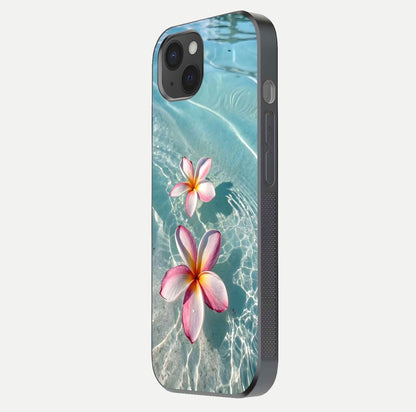 Floating Bloom Bliss Glass Case for iPhone 15 Plus side-angle photo showing smooth reflection and elegant curve