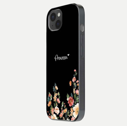 Floral Design Personalized Custom Name Glass Case for iPhone 15 Plus side-angle image showing name alignment and gloss shine