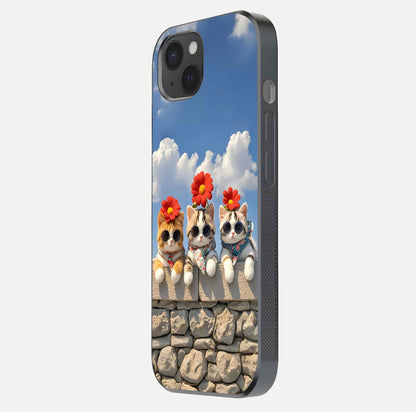 Floral Kitty Squad Glass Case for iPhone 15 Plus side-angle photo showing reflection glow and polished surface