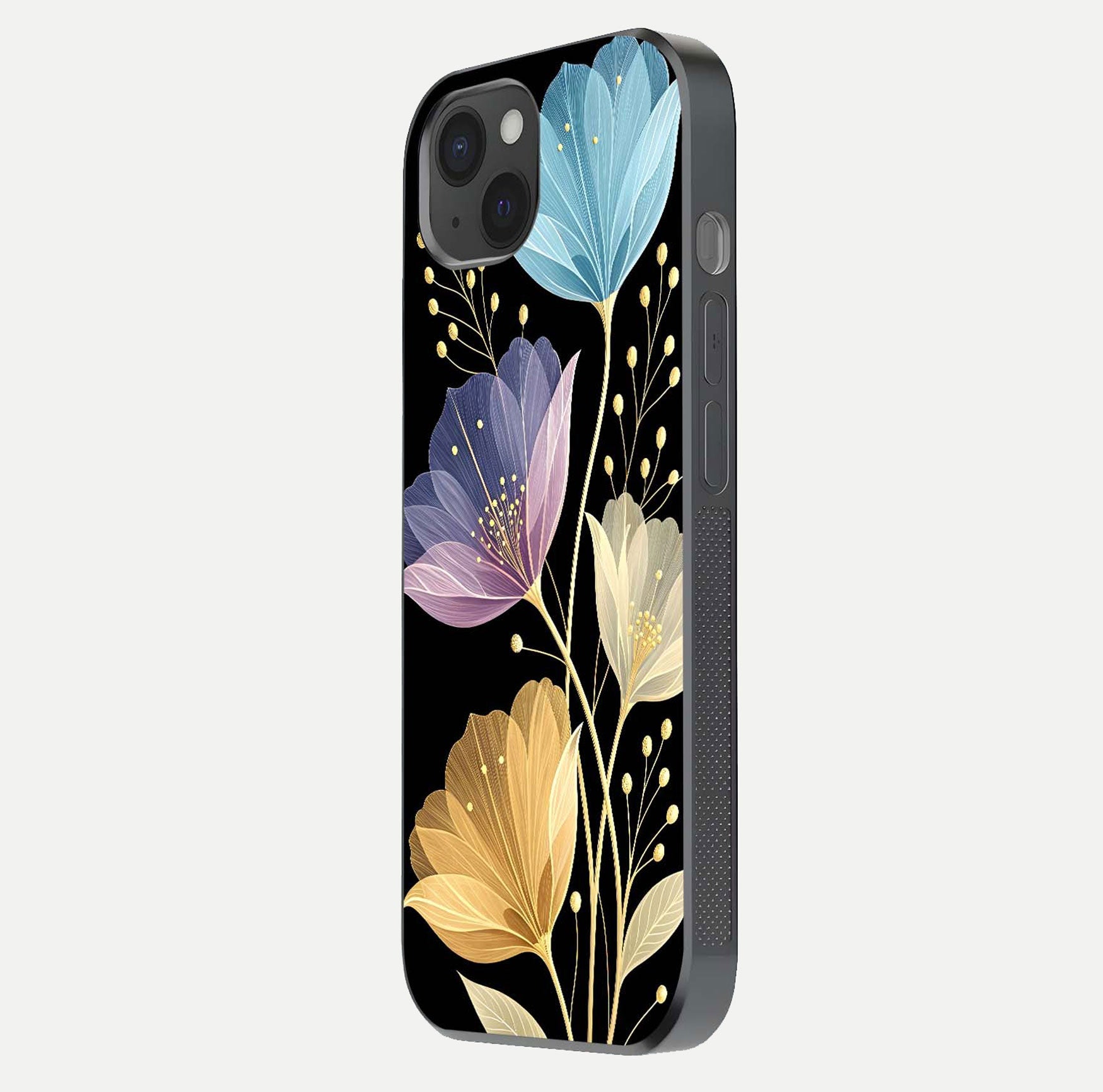 Flower Bloom Glow Glass Case for iPhone 15 Plus side-angle image capturing gloss reflection and flower glow