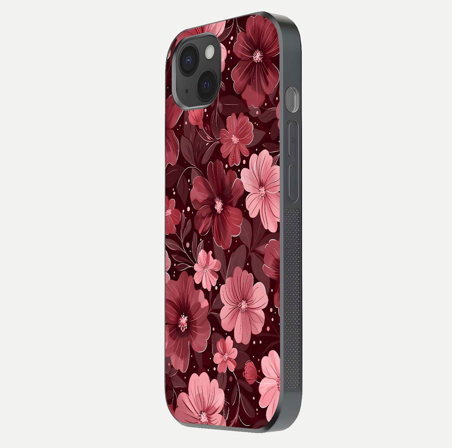Flower Blush Bloom Glass Case for iPhone 15 Plus side-angle photo showing glass reflection and delicate hues