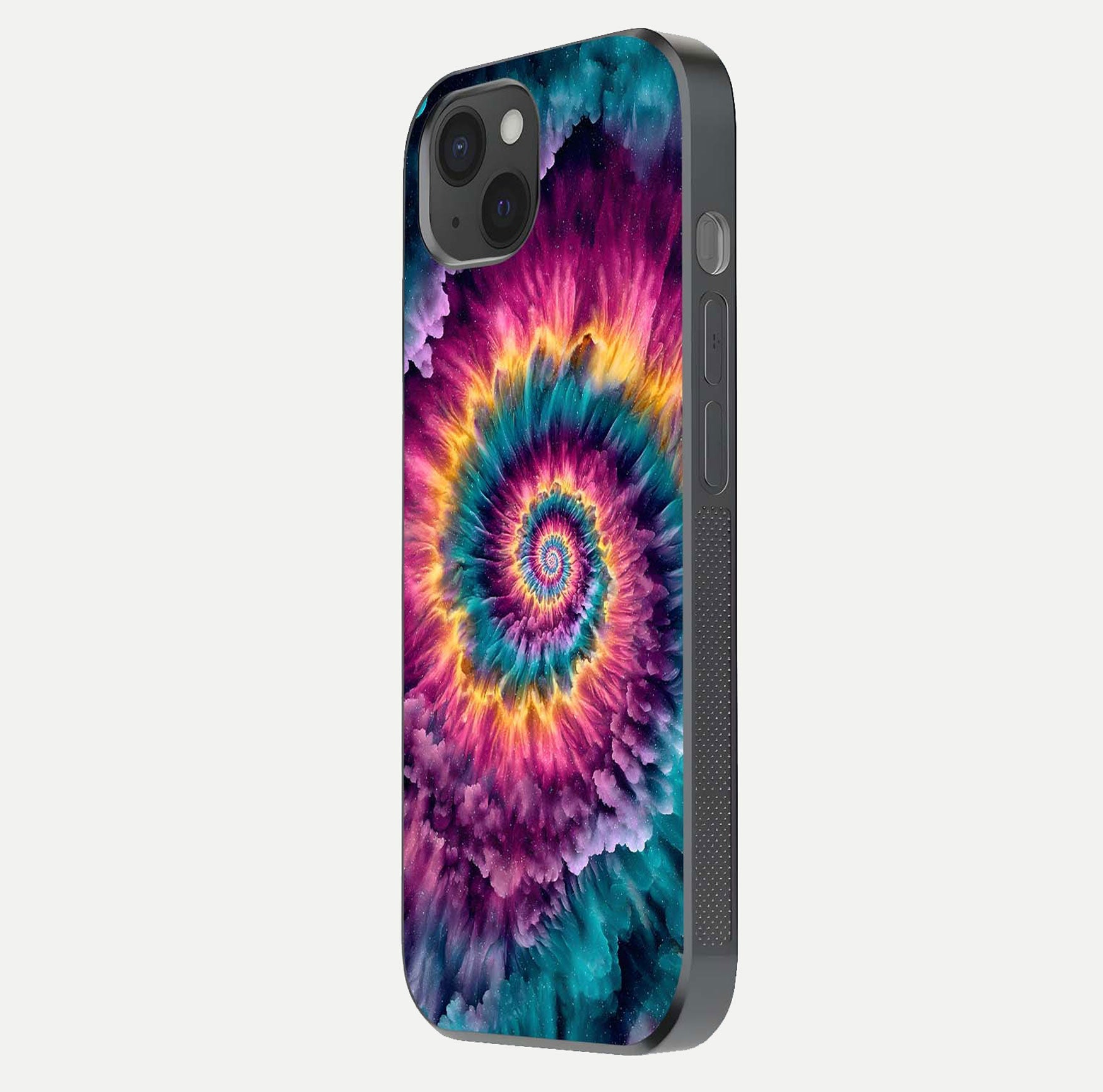 Galactic Spiral Burst Glass Case for iPhone 15 Plus side-angle image showing reflection clarity and vivid galactic texture