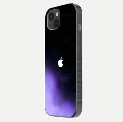 Galaxy Apple Aura Glass Case for iPhone 15 Plus side-angle image showing glossy surface and soft reflection hues