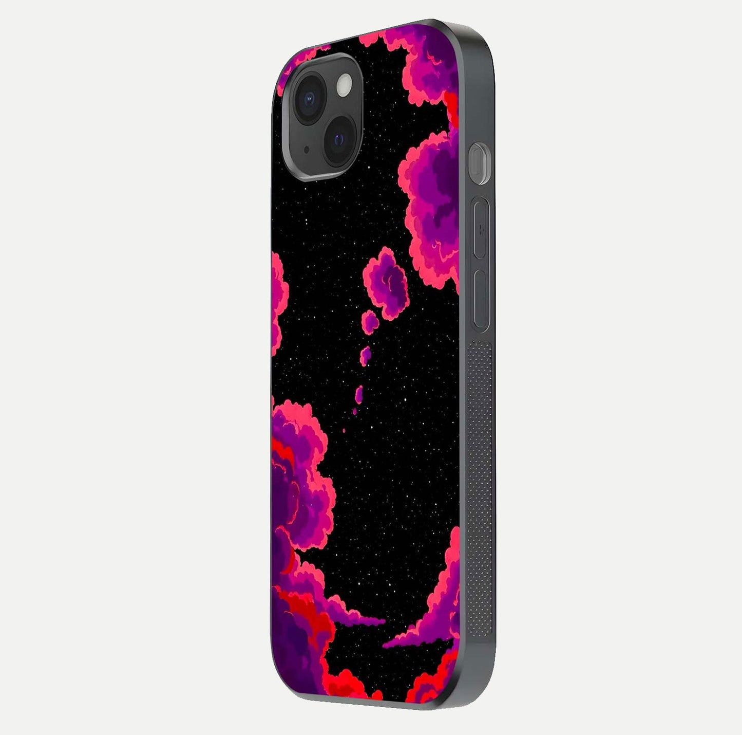 Galaxy Dream Frame Glass Case for iPhone 15 Plus side-angle image showing reflection light and premium finish