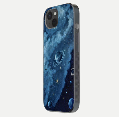 Galaxy Dream Space Glass Case for iPhone 15 Plus side-angle image capturing reflection clarity and galactic texture