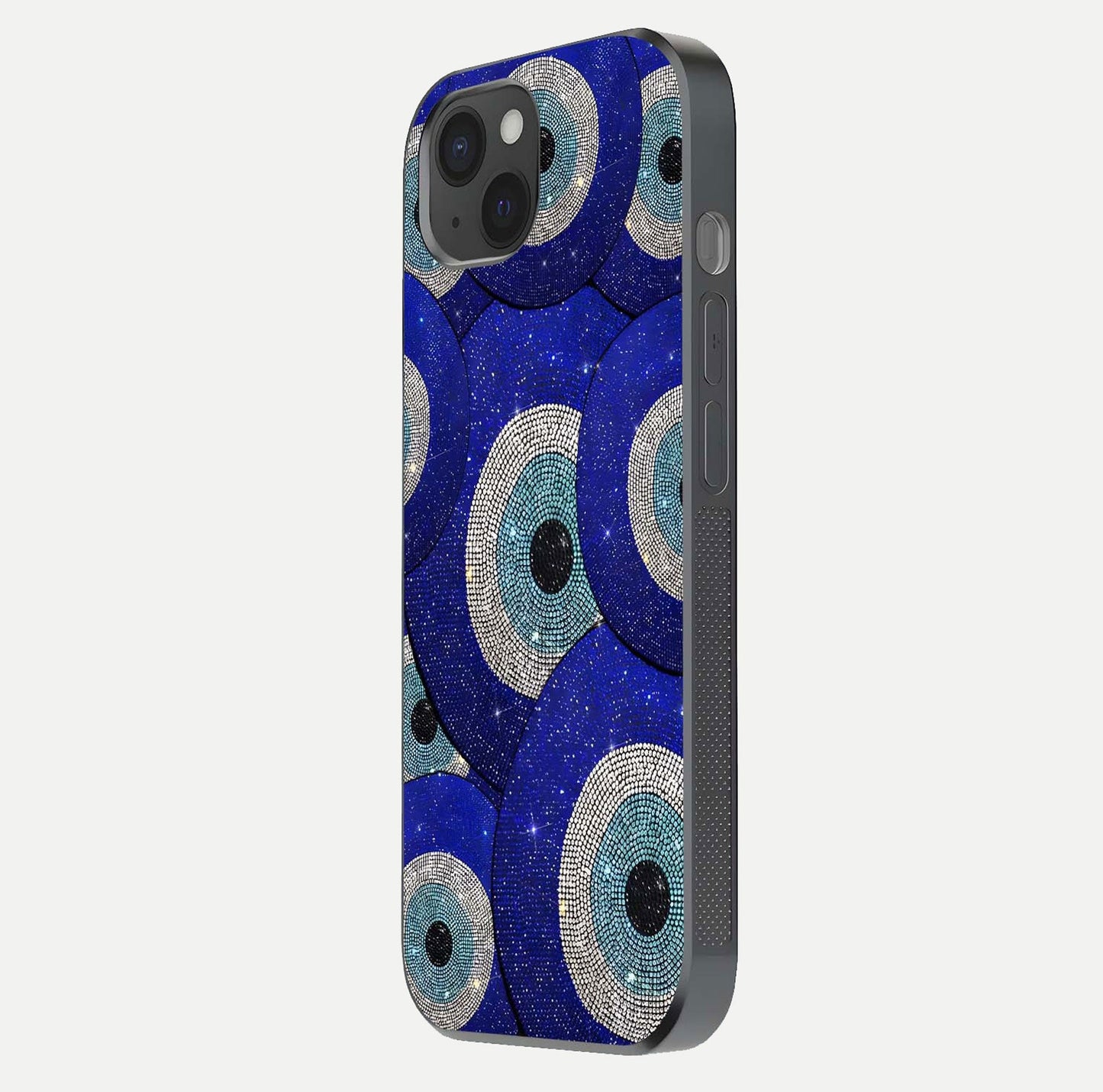 Galaxy Eye Flow Glass Case for iPhone 15 Plus side-angle image showing reflection detail and premium shine