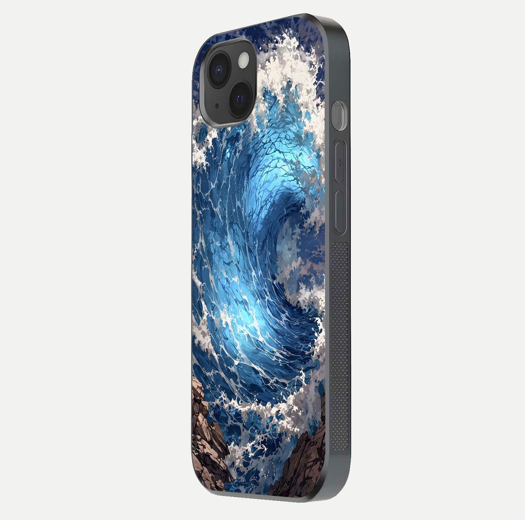 Giant Ocean Wave Glass Case for iPhone 15 Plus side-angle image showing light reflection and ocean detail
