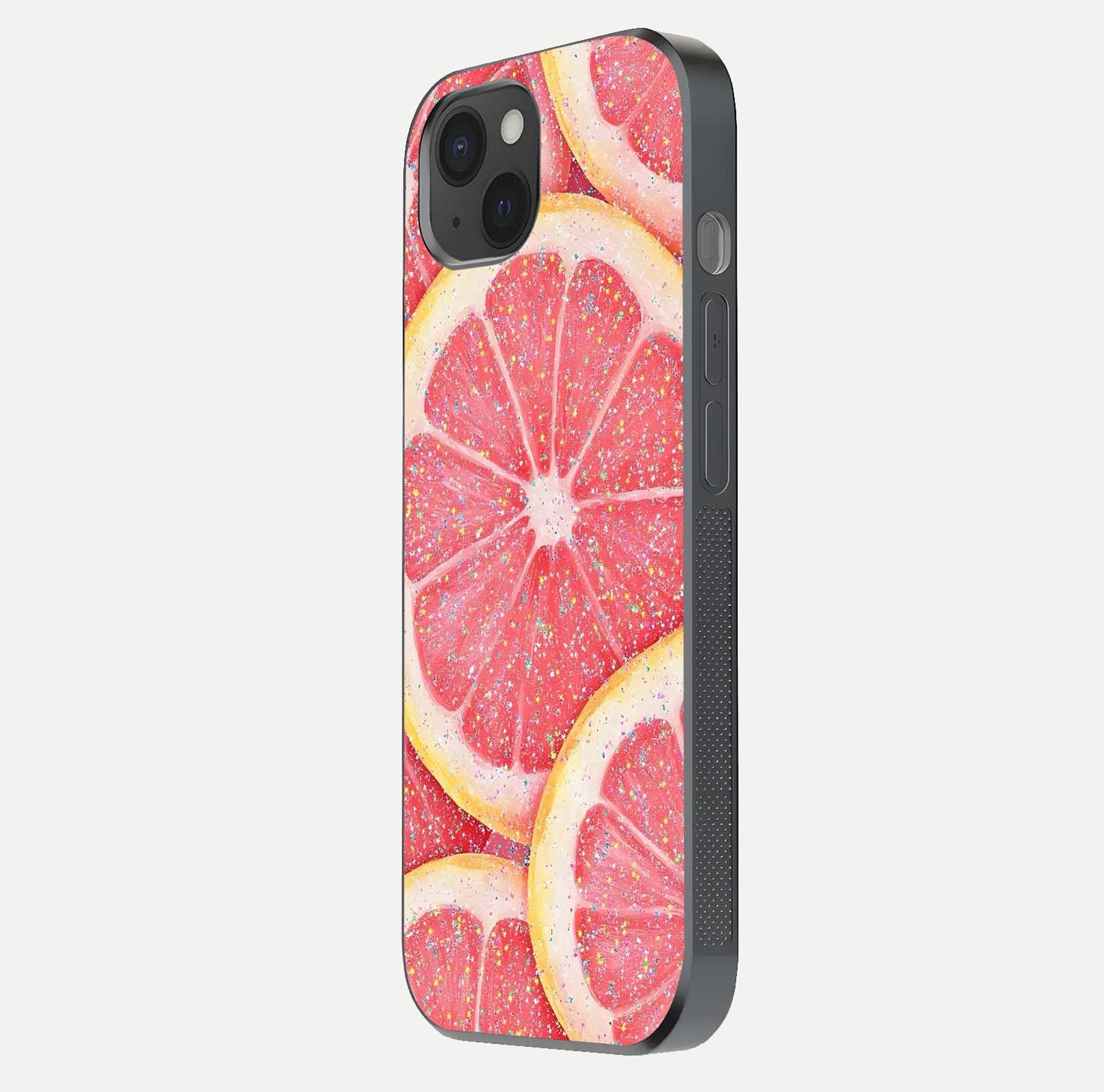 Glitter Grapefruit Glass Case for iPhone 15 Plus side-angle image showing reflection glow and polished edges