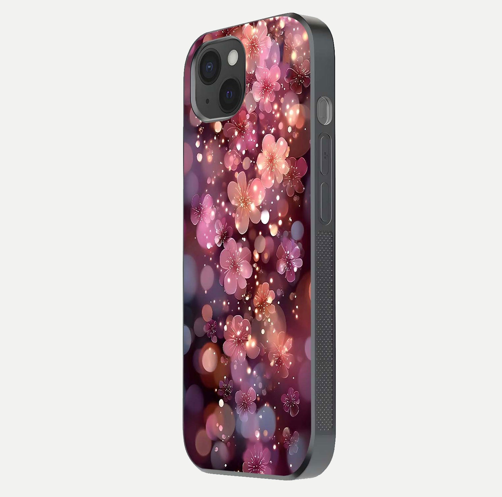 Glowing Petal Bliss Glass Case for iPhone 15 Plus side-angle image showing light reflection and soft floral texture
