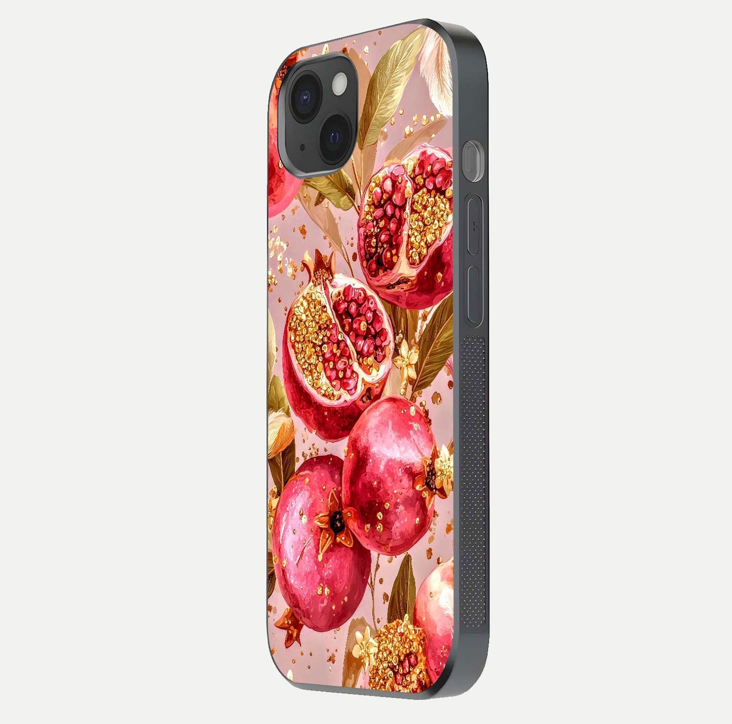 Golden Bloom Glow Glass Case for iPhone 15 Plus side-angle image showing light reflection, gloss texture, and rich tone