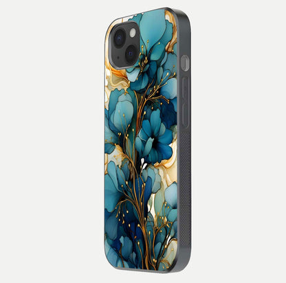 Golden Bloom Symphony Glass Case for iPhone 15 Plus side-angle image showing golden glow, light reflection, and premium surface
