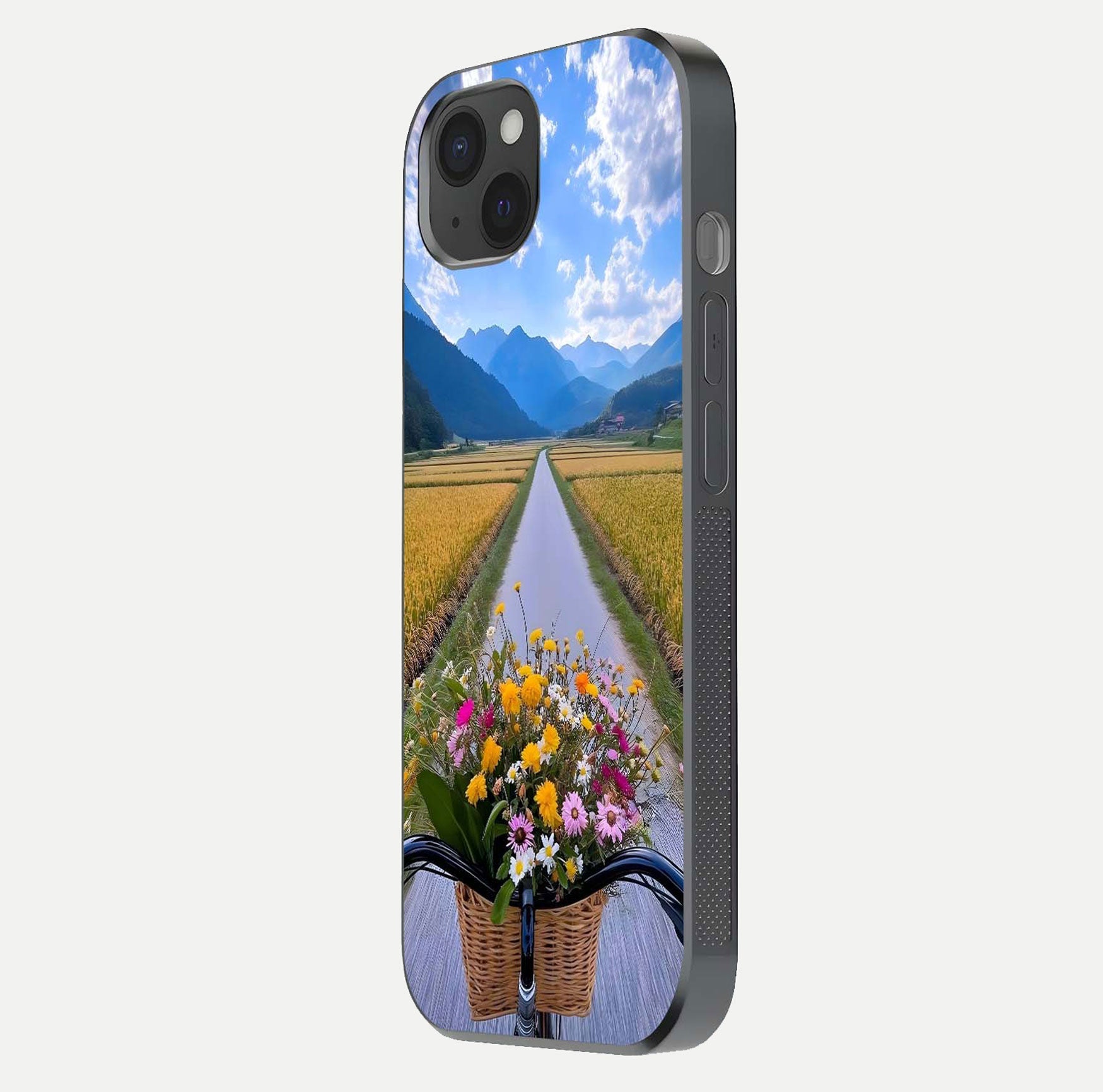 Golden Field Journey Glass Case for iPhone 15 Plus side-angle image showing golden glow, reflection shine, and curved edge