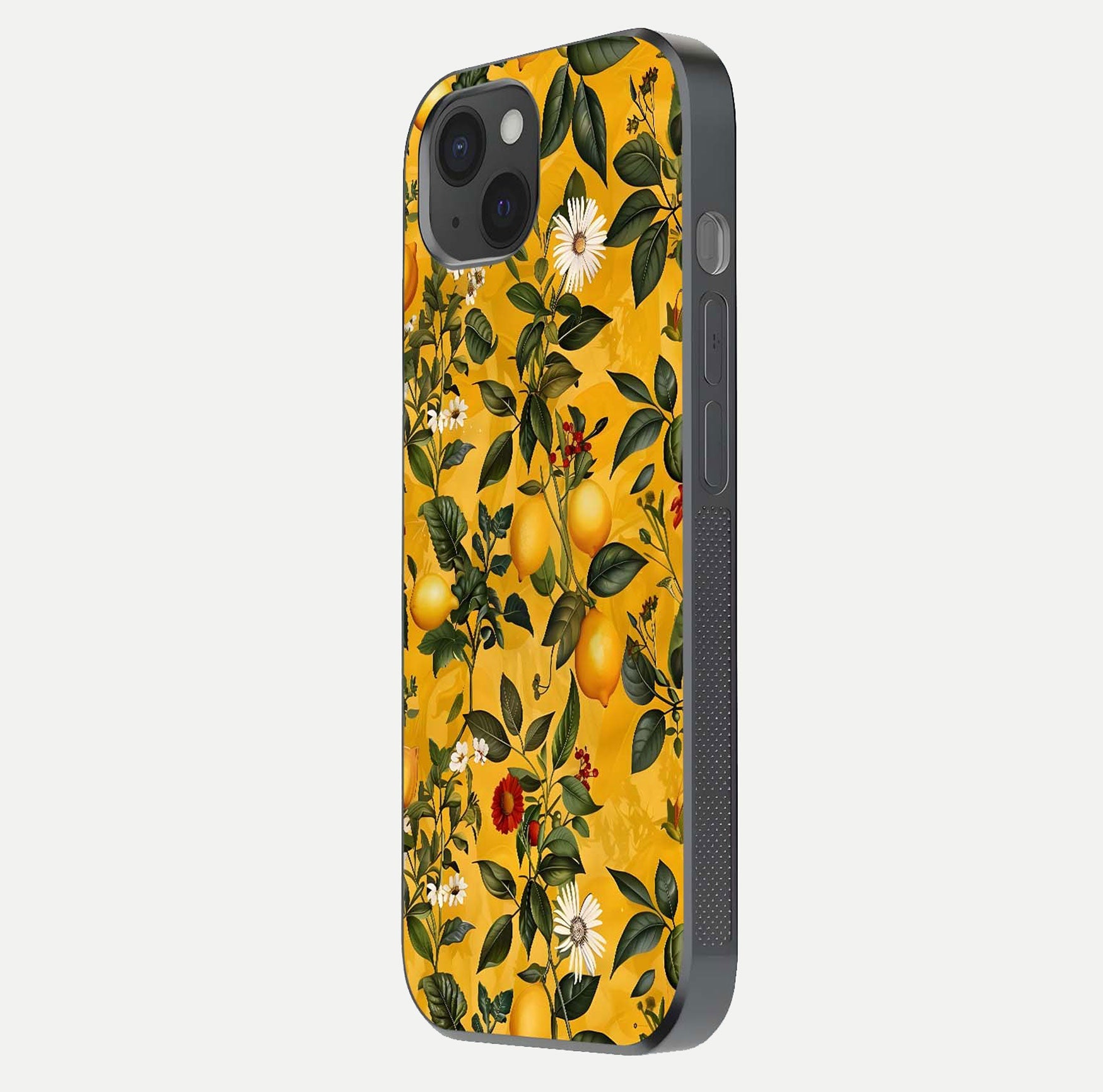 Golden Lemon Field Glass Case for iPhone 15 Plus side-angle image showing reflection clarity and juicy color tone