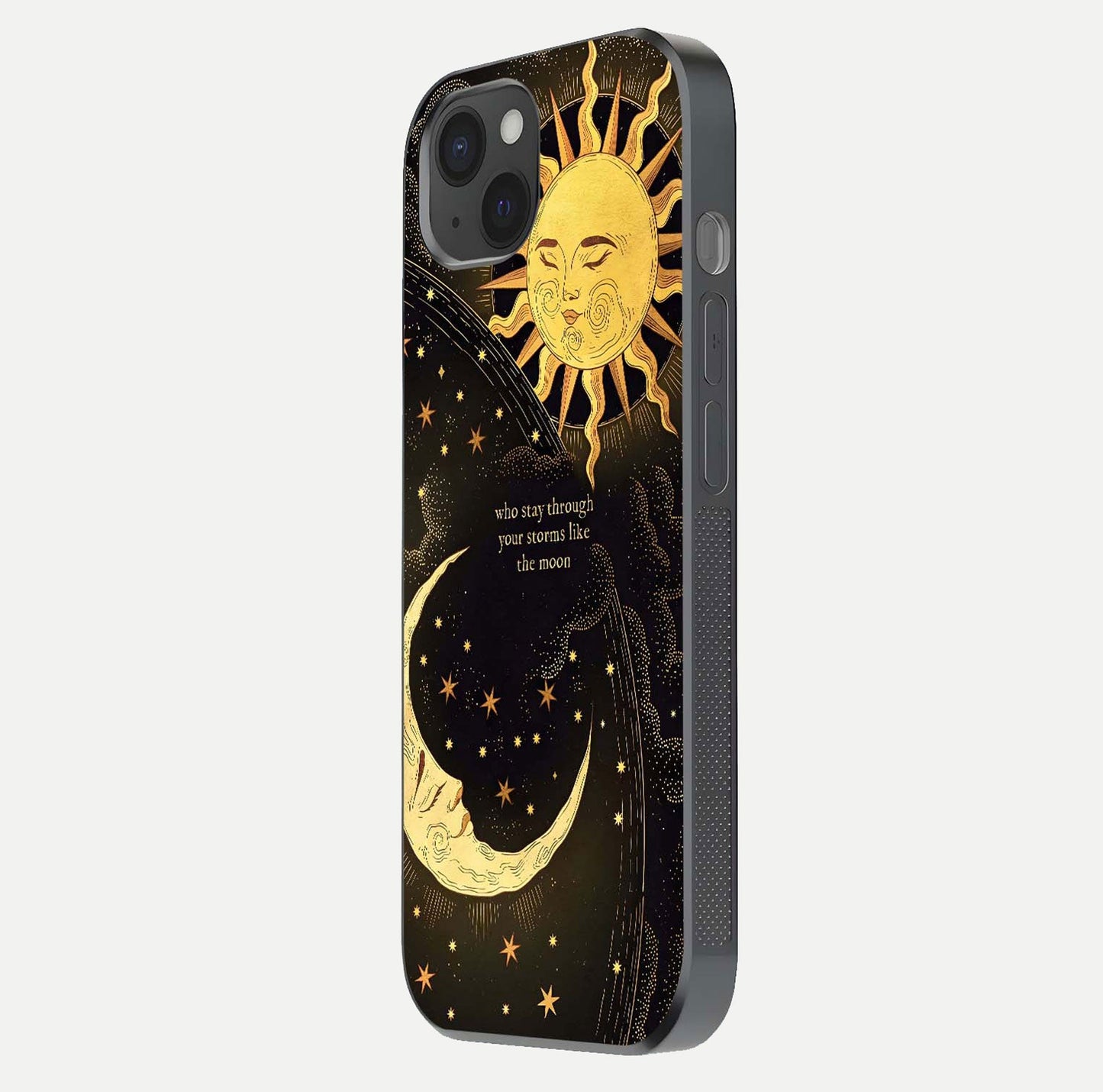 Golden Lunar Love Glass Case for iPhone 15 Plus side-angle image showing reflection brilliance and smooth golden tone