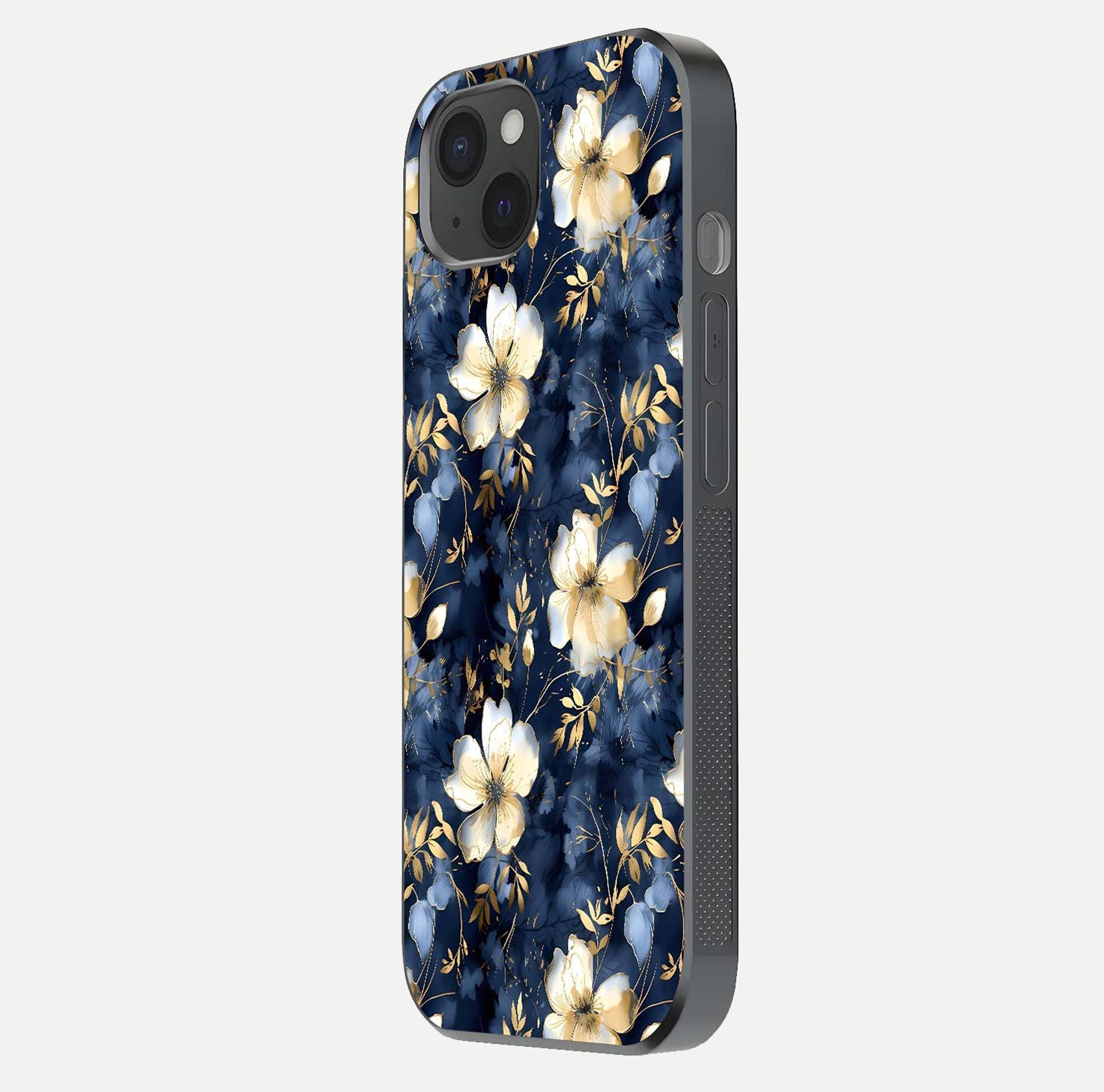 Golden Midnight Bloom Glass Case for iPhone 15 Plus side-angle image showing shine depth and elegant edge design