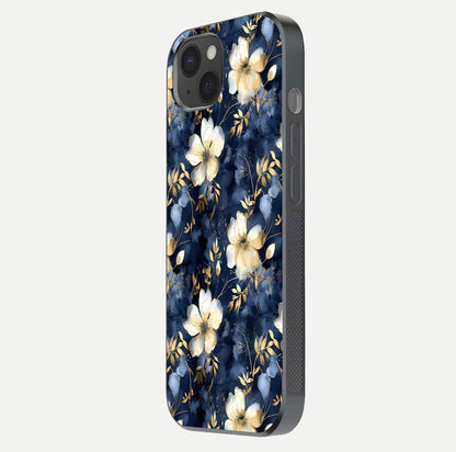 Golden Midnight Bloom Glass Case for iPhone 15 Plus side-angle image showing shine depth and elegant edge design